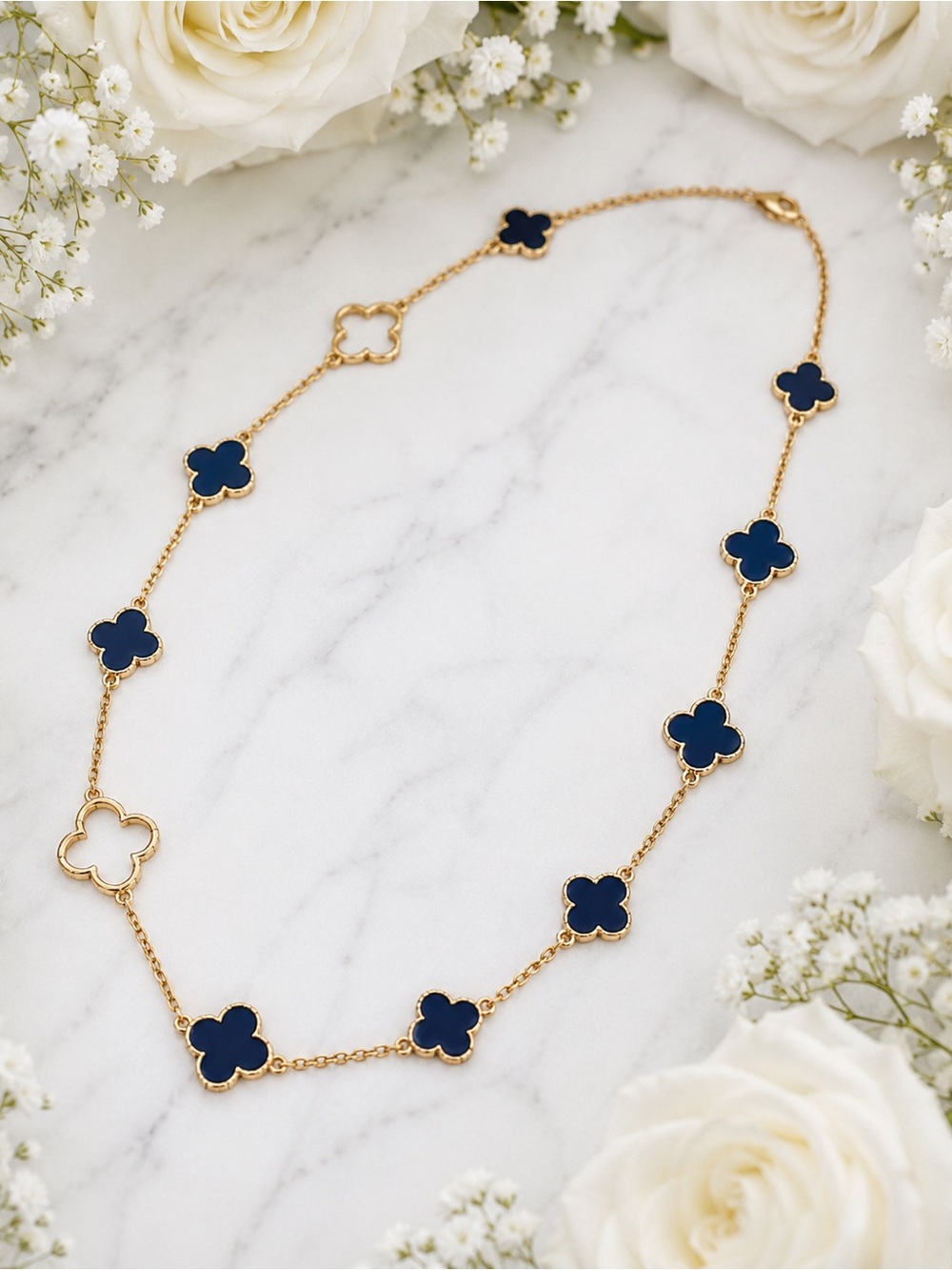 Gold Clover Link Necklace with Navy Enamel Accents
